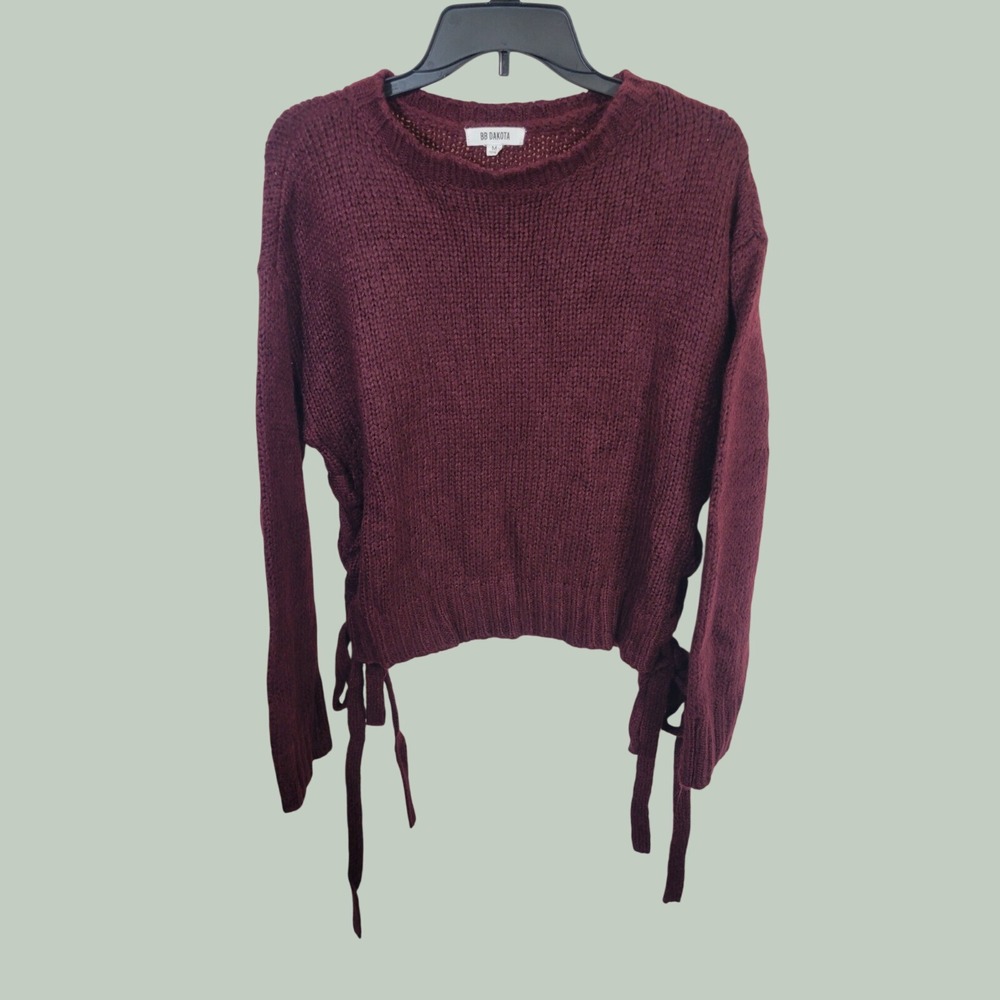 BB Dakota Sweater Side Lace Up Boho Indie Cropped Knit Pullover Maroon Medium